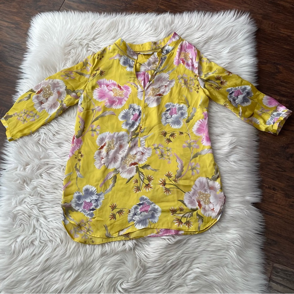 Punt Roma Satin Floral Yellow Tunic Top